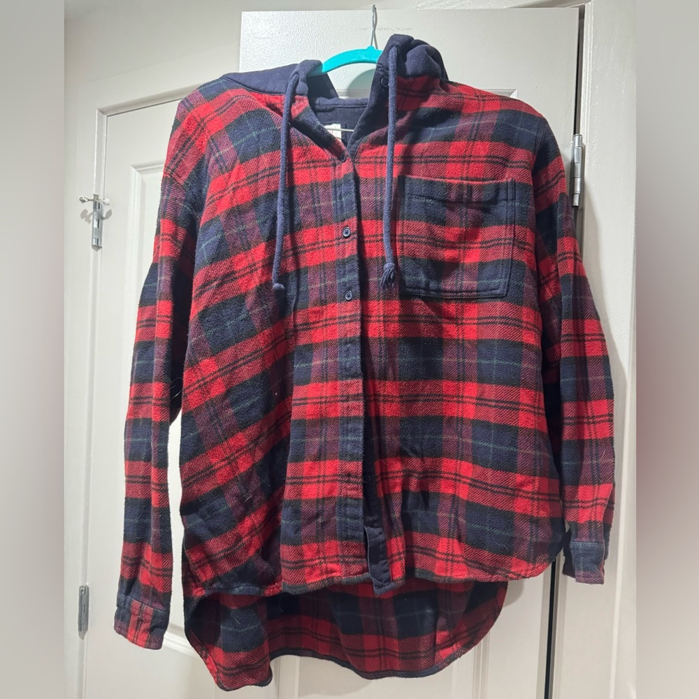 American Eagle Red and Navy Plaid Hooded Jacket